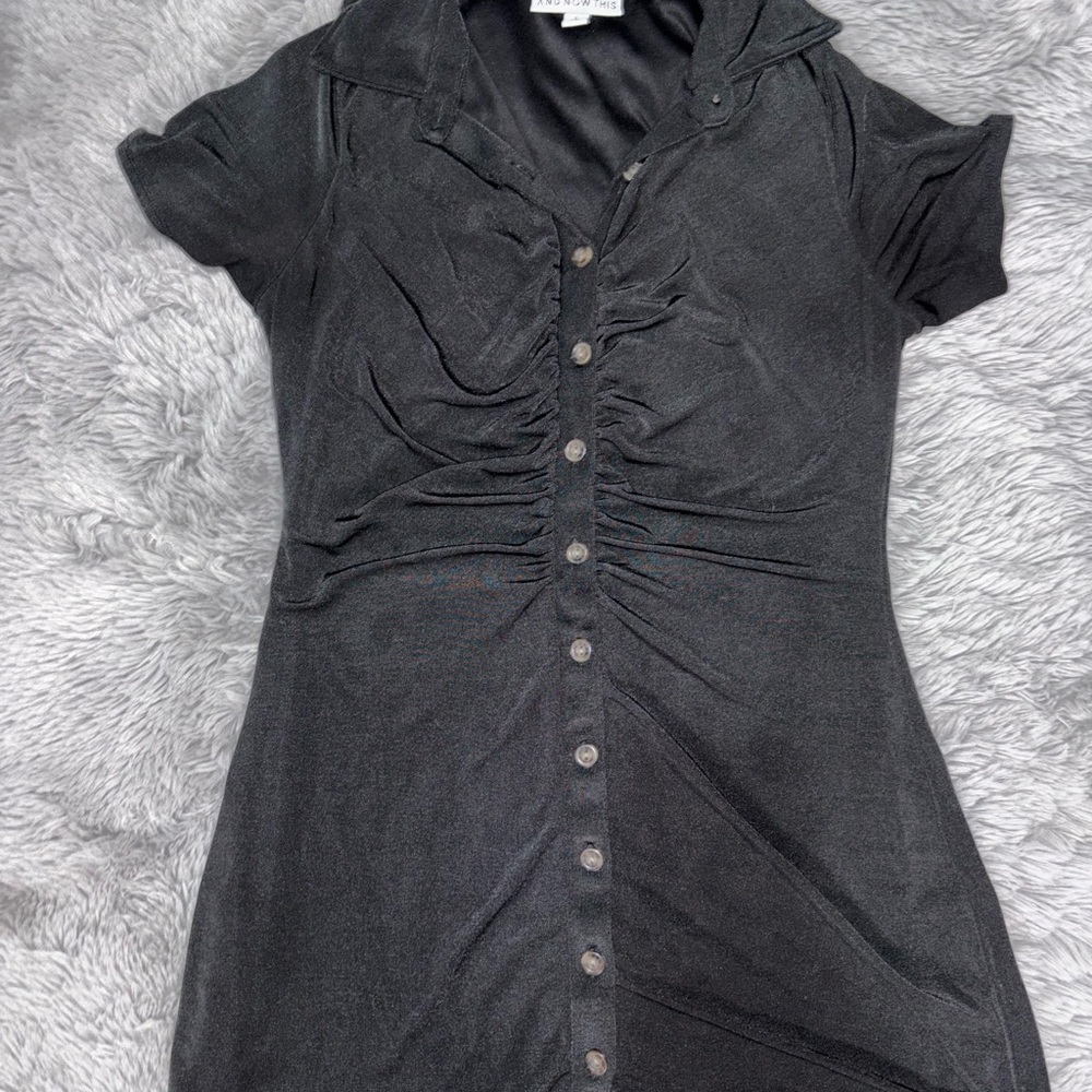 Black Ruched Button-Front Midi Dress